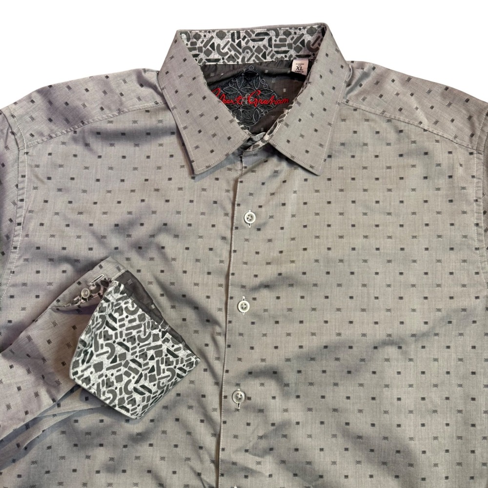 Robert Graham Button Down Shirt Mens XL Grey Geometric Print Classic Fit Cotton
